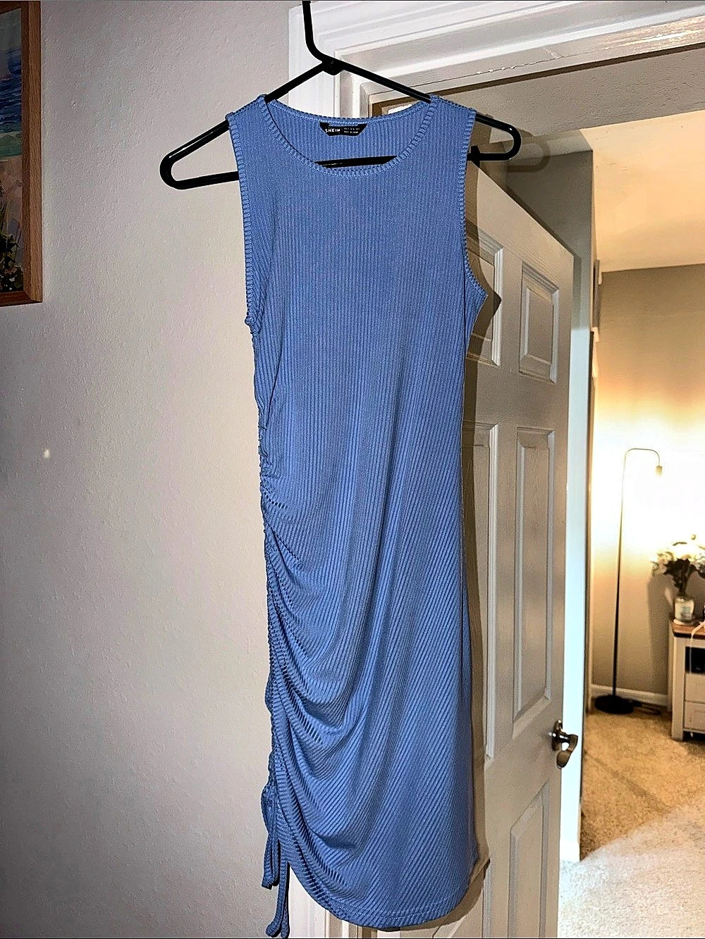 SHEIN BAE Drawstring Ruched Side Rib-knit Dress Blue Midi Dress